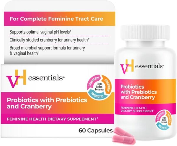 VH Essentials Probiotics with Prebiotics and Cranberry, Triple Action Feminine Health Supplement, 60 Capsules