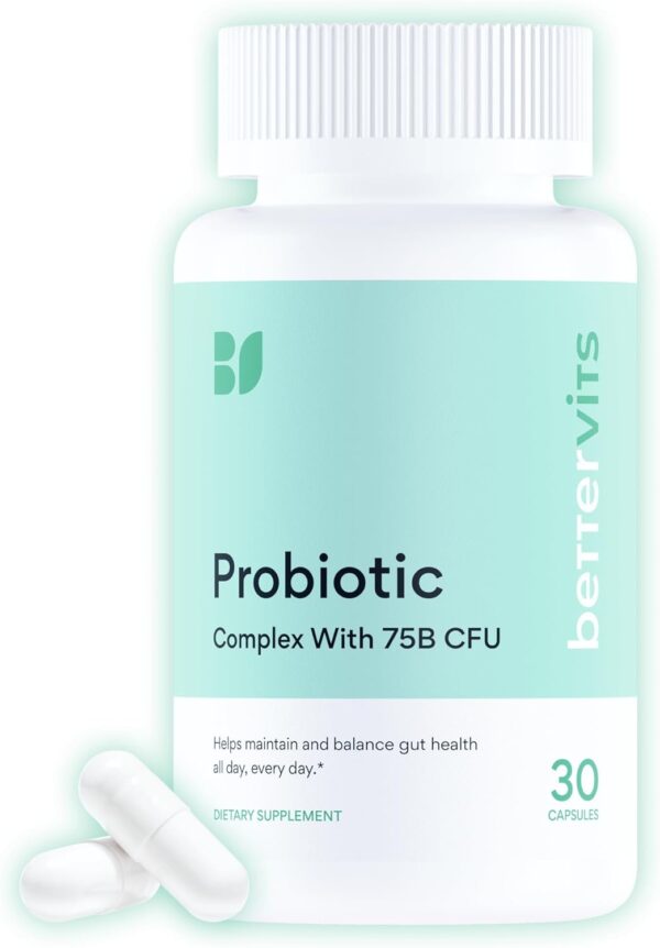 Bettervits Probiotics 75 Billion CFU, 14-Strain Probiotic with Inulin Prebiotic and Vitamin B12 for Digestive Health and Gut Support, 30 Vegan Capsules