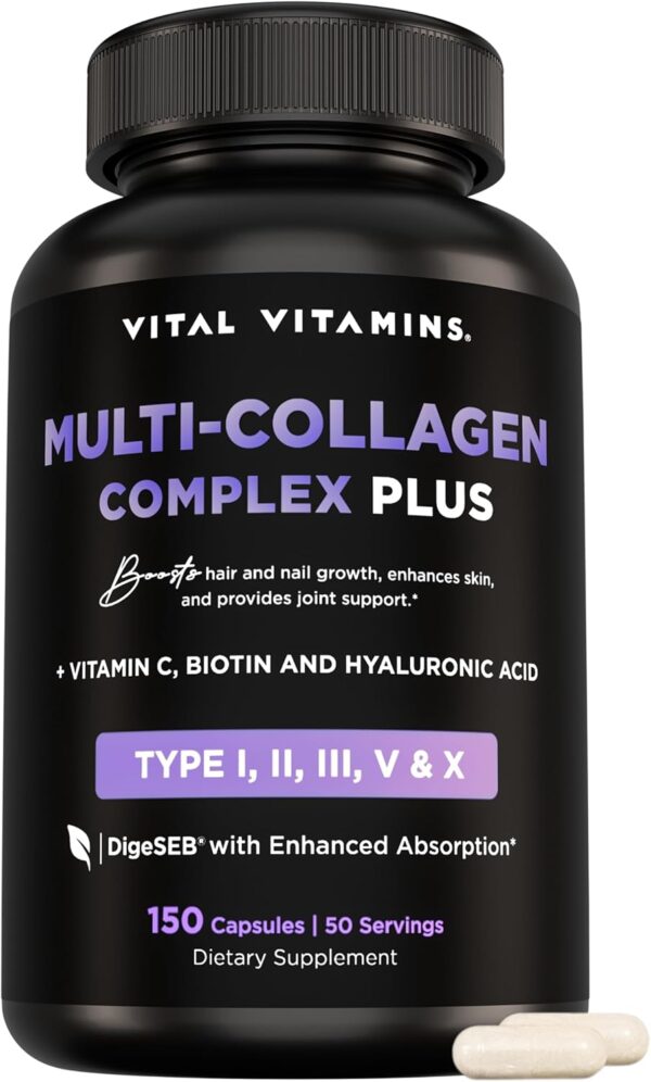 Vital Vitamins Multi Collagen Complex Plus with Biotin, Hyaluronic Acid and Vitamin C, Types I II III V X, 150 Capsules