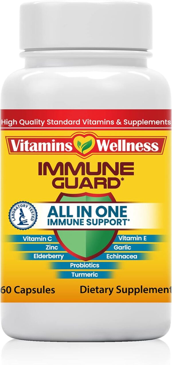 Vitamins Wellness 10 in 1 Immune Support Supplement with Elderberry, Zinc, Vitamin C, Turmeric, Echinacea, Garlic and Probiotics, 60 Vegan Capsules