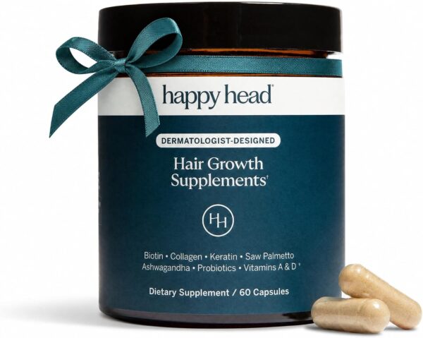 Happy Head Hair Supplement for Men and Women with Biotin, Collagen, Keratin, Ashwagandha and Saw Palmetto, 60 Capsules