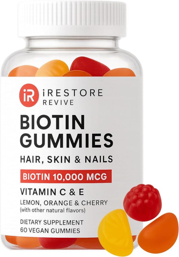 iRestore Biotin Gummies 10,000mcg, Hair Skin and Nails Vitamins with Vitamin C, E, Coconut Oil and Turmeric, 60 Vegan Gummies, 30-Day Supply