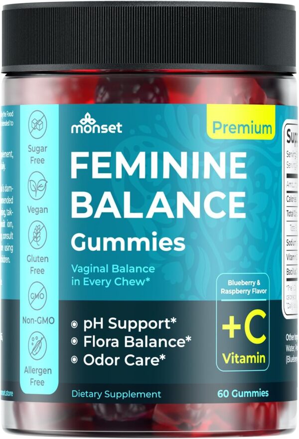 Monset Feminine Balance Gummies 60ct, Probiotics and Prebiotics for Vaginal pH Balance, Flora Support and Daily Feminine Freshness, Berry Flavor
