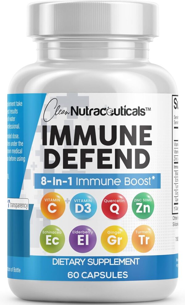 Clean Nutraceuticals Immune Defense 8 in 1, Zinc, Quercetin, Vitamin C, D3, Elderberry and Ginger, 60 Vegan Capsules