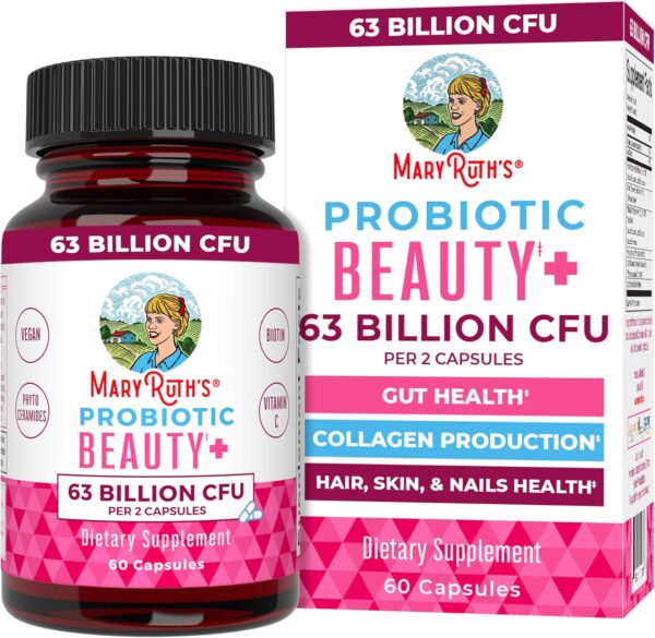 MaryRuth's Probiotic Beauty Capsules with Red Orange Complex, Ceramosides, Vitamin C and Biotin for Skin, Hair and Nails, 60 Vegan Capsules