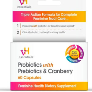 VH Essentials Probiotics with Prebiotics and Cranberry, Triple Action Feminine Health Supplement, 60 Capsules for Microbial Balance and Urinary Wellness