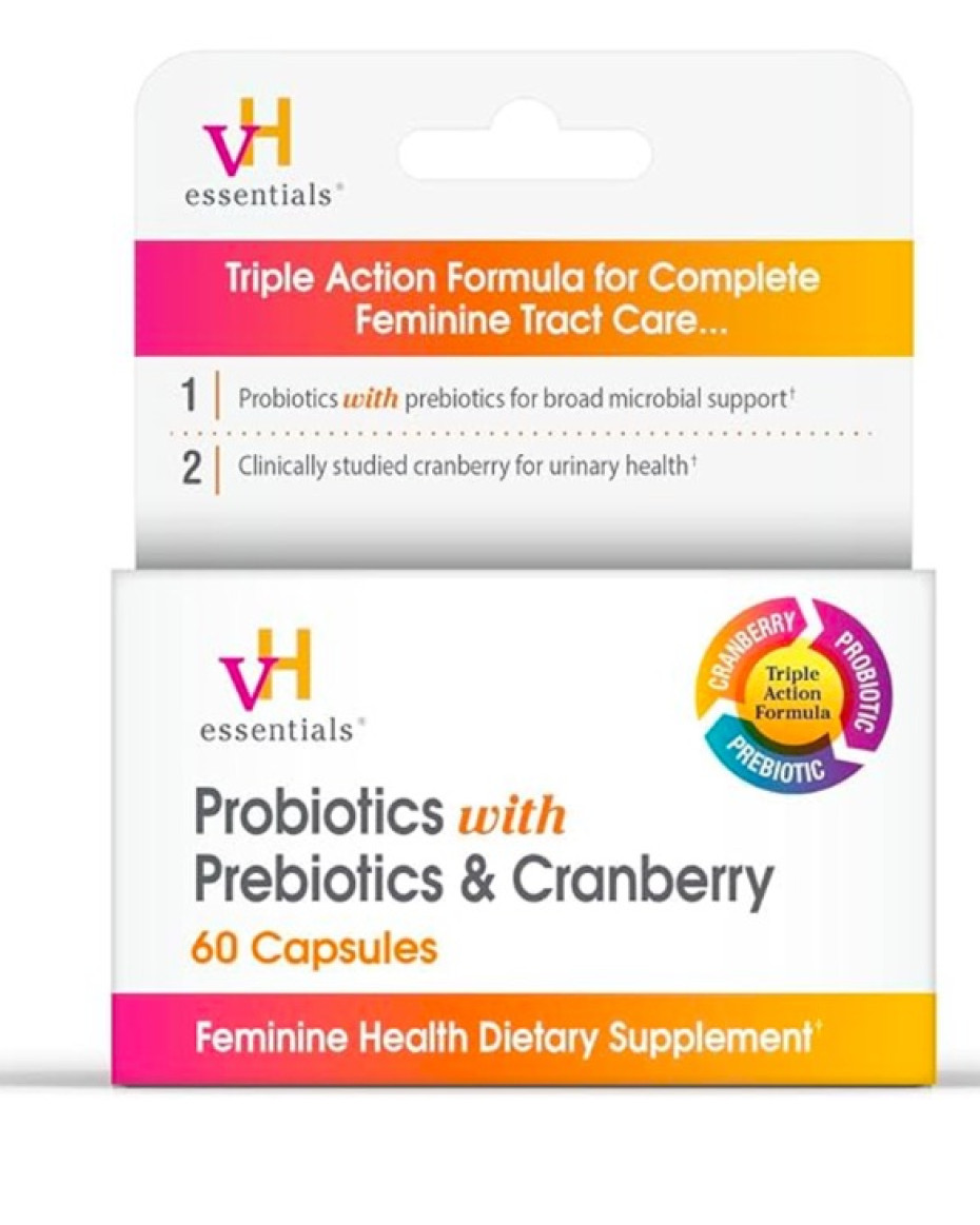 VH Essentials Probiotics with Prebiotics and Cranberry, Triple Action Feminine Health Supplement, 60 Capsules for Microbial Balance and Urinary Wellness