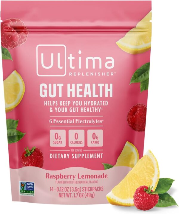 Ultima Replenisher Gut Health Electrolytes Powder, Raspberry Lemonade, 14 Stickpacks with 6 Electrolytes, Acacia Gum Prebiotic and OPTIBOME Probiotic