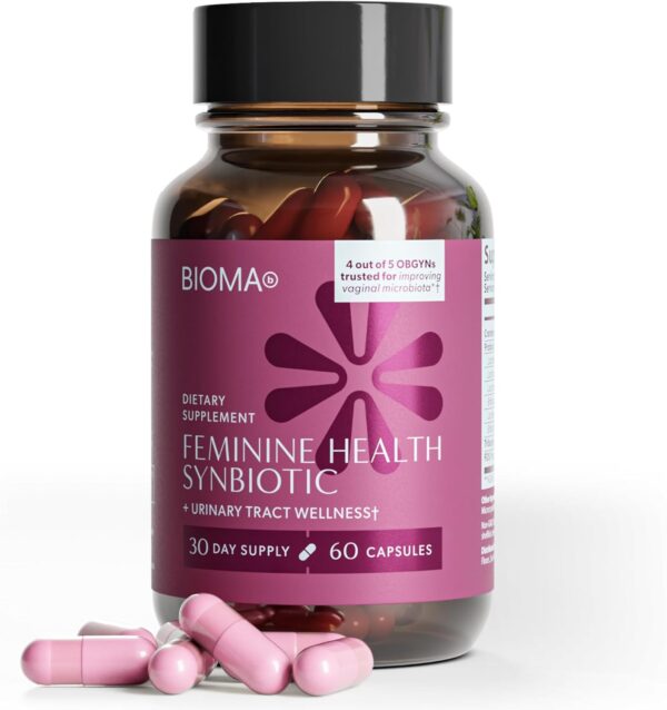 BIOMA Feminine Health Synbiotic 60 Capsules, Triple Action Prebiotics Probiotics and Postbiotics for Vaginal pH, Urinary Tract and Digestive Support