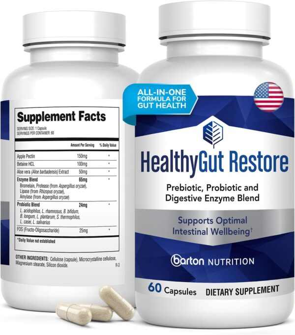 Healthy Gut Restore Complete Gut Health Supplement with Probiotics, Prebiotics, Digestive Enzymes, Apple Pectin and Bromelain for Bloating Relief and Digestive Comfort